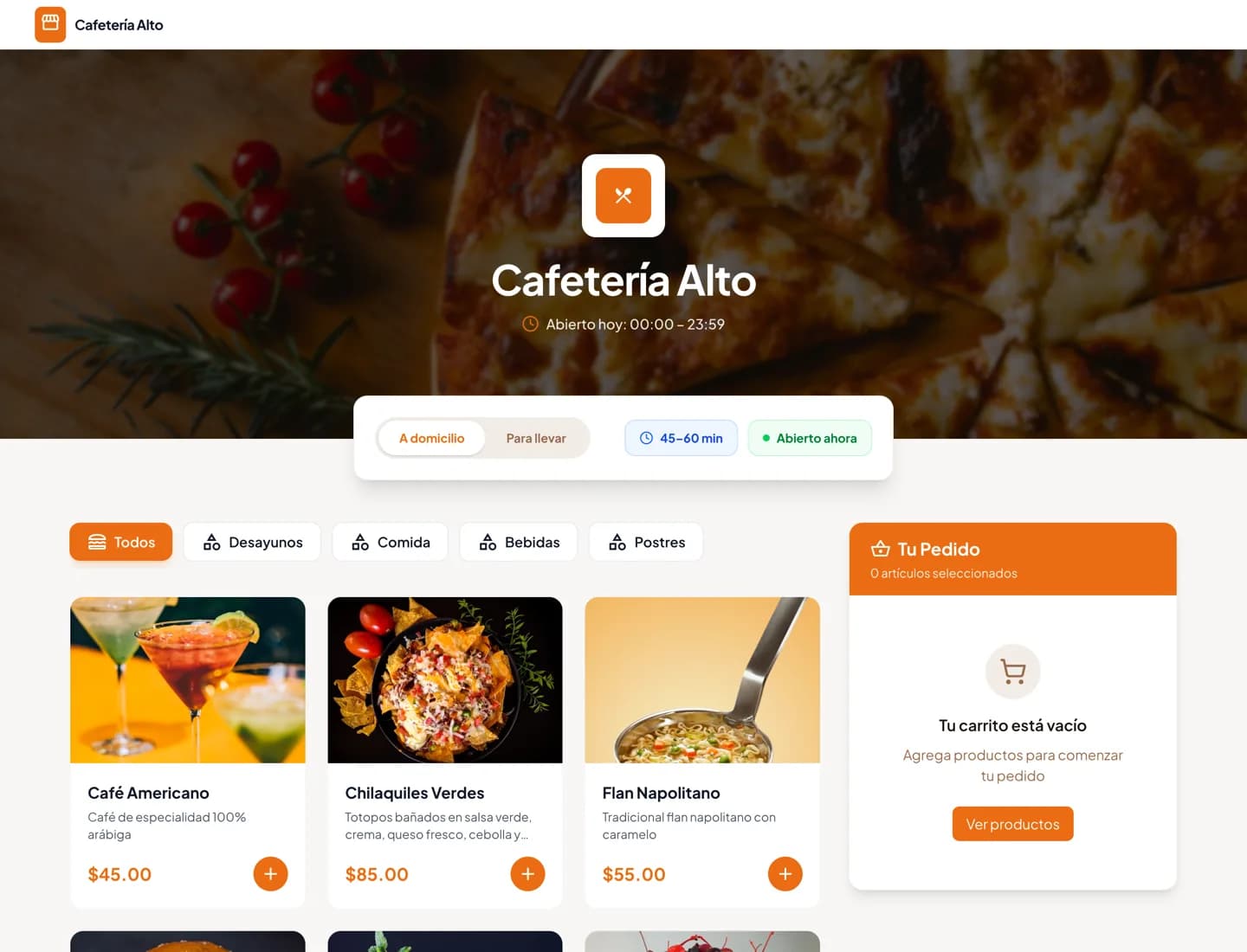 Menú online de Cafetería Alto — OrdenaAhora